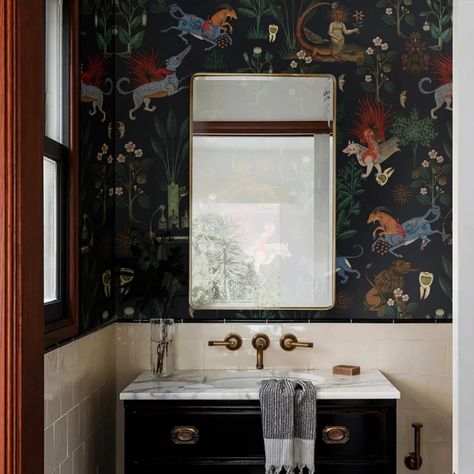 Botanical Wallpaper Mythical Beasts Black Background, Horse and Lion, Plants, Removable or Vinyl Wall Murals B28 - Etsy Eccentric Bathroom, Fern Wallpaper, Mythical Beasts, Animal Mural, Mythical Beast, How To Install Wallpaper, Botanical Wallpaper, Bright Patterns, Bathroom Wallpaper