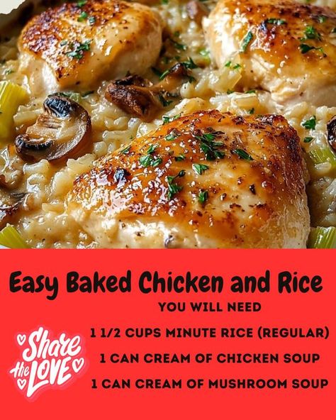 One Pot Chicken And Rice Recipes, Chicken And Creamy Rice, Chicken With Rice Recipes, Easy Baked Chicken And Rice, Chicken And Rice Recipes, Baked Chicken And Rice, Baked Chicken Wings Oven, Easy Chicken And Rice, Minute Rice