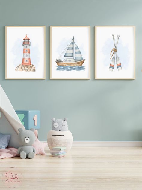 Lighthouse Nursery Theme, Sail Boat Nursery Theme, Sailor Nursery Baby Boy, Ocean Themed Nursery Boy, Lighthouse Nursery, Vintage Nautical Nursery, Sailor Nursery, Nautical Boy Room, Nautical Theme Nursery