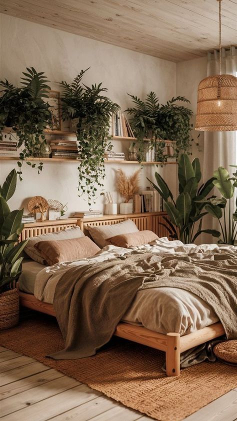 Bedroom Ideas Cabin Style, Simple Boho Bedroom Small Spaces, Aesthetic Bohemian Bedroom, Bedroom Ideas With Lots Of Plants, Cabin Boho Bedroom, Small Boho Bedroom Ideas For Couples, Plant Bedroom Aesthetic Boho, Cosy Boho Bedroom, Boho King Bedroom Ideas