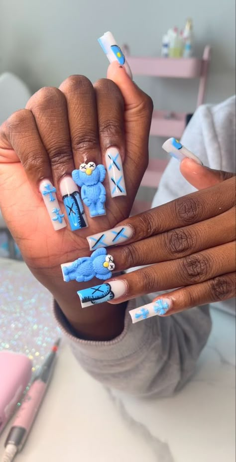 Kaws Nails, Halloween Acrylic Nails, Long Acrylic Nail Designs, Blue Acrylic Nails, Drip Nails, Colored Acrylic Nails, Cute Acrylic Nail Designs, Vibrant Nails, French Acrylic Nails