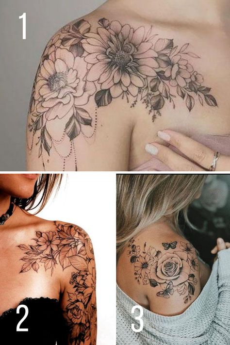 Blooming Shoulder Flower Tattoo Ideas - tattooglee Black And White Flower Tattoo, Feminine Shoulder Tattoos, Front Shoulder Tattoos, Shoulder Cap Tattoo, Shoulder Sleeve Tattoos, Flower Shoulder Tattoo, 16 Tattoo, Floral Tattoo Shoulder, Shoulder Blade Tattoo