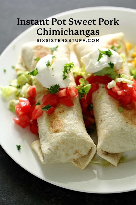 Instant Pot Sweet Pork Chimichangas Recipe Instant Pot Sweet Pork, Pork Chimichangas, Sweet Pork, Chunky Salsa, Chicken Enchilada Recipe, Shredded Pork, Pan Recipes, Enchilada Recipes, Dinner Plan