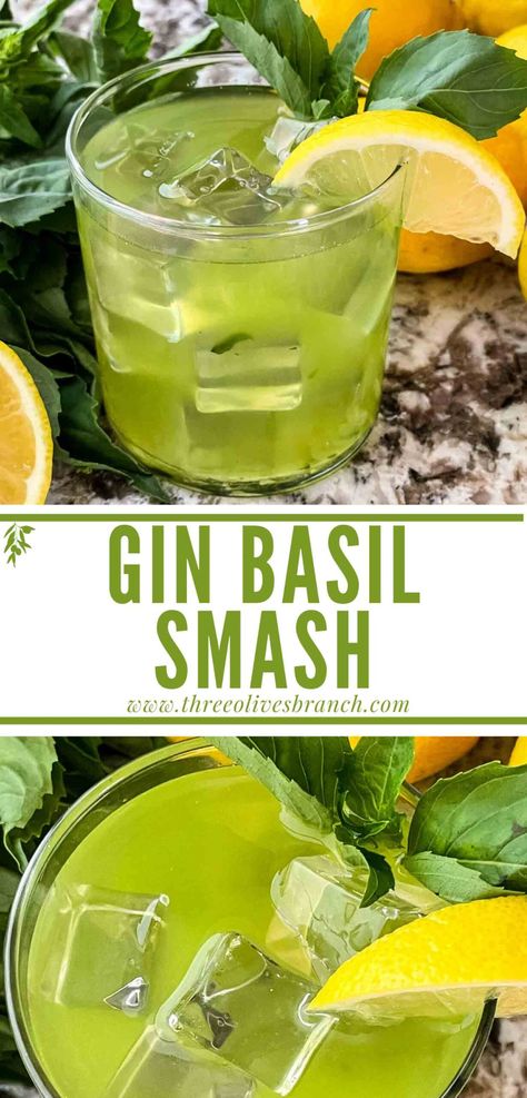 This Gin Basil Smash is a refreshing summer cocktail recipe! Made with lemon and basil herb Italian flavors. A bright spring citrus drink recipe that is vegan and gluten free.