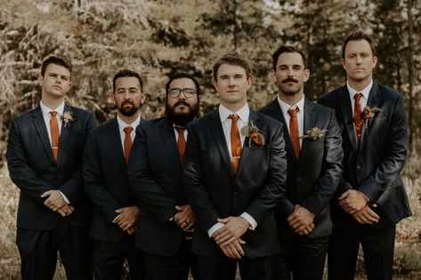 Terra Cotta Suit Wedding, Terra Cotta And Eucalyptus Wedding, Terra Cotta And Black Wedding, Terracotta Bridesmaid And Groomsmen, Groomsmen Attire Orange, Rust Bridesmaid Dress Groomsmen, Burnt Orange Weddings Groomsmen, Black And Burnt Orange Wedding, Machine Work Embroidery