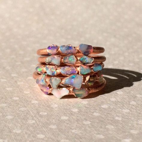 Raw Opal Ring Dainty Opal Ring Stacking Opal Ring Stack - Etsy Australia Dainty Opal Ring, Raw Opal Ring, October Birthstone Ring, October Birthstone Rings, Amethyst Ring Engagement, Raw Opal, Electroformed Jewelry, Ring Stack, Ring Stacking