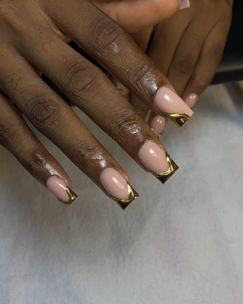 Stunning and show-stopping. A set to look and smile at always 🌟🌟 #nails #goldnails #goldchromenails #nailsinikeja #nailinspo #ogbanails #nailsaloninberger #excellencehotelogbalagos #squarenails #explore #nailsoflagos Short Square Gold Nails, Gold French Nails Square, Gold Chrome French Tip Nails Square, Square Gold Nails, Gold Flecks Nails, Gold Frenchies Nails, Gold Tip Nails, Gold French Tip, Gold Chrome Nails