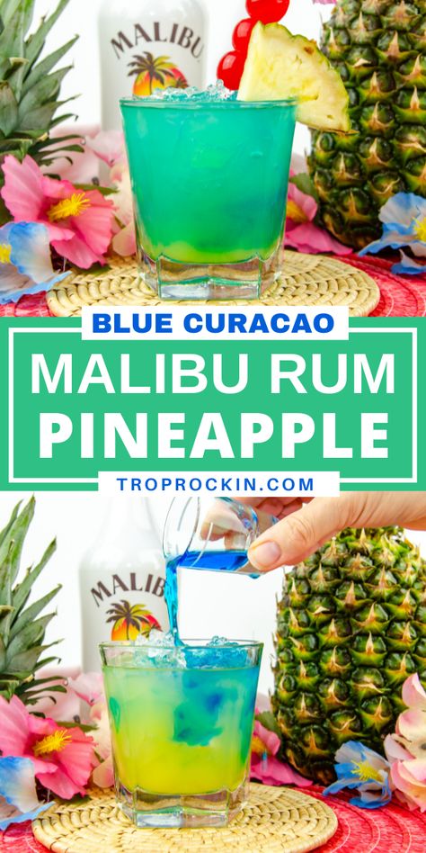 Love Malibu Rum? And gorgeous Blue Curacao drinks? This cocktail is for you! Pineapple, coconut and orange flavors make this bright blue-green cocktail that's always so much fun. Cheers! Drinks With Pineapple Malibu Rum, Fruity Mixed Drinks Alcoholic Easy Vodka, Blue Pineapple Punch, Wap Drinks, Drinks With Blue Curacao Malibu Rum, Malibu Blue Curacao, Jungle Juice With Malibu Rum, Malibu And Pineapple Juice Recipes, Teal Alcoholic Drinks