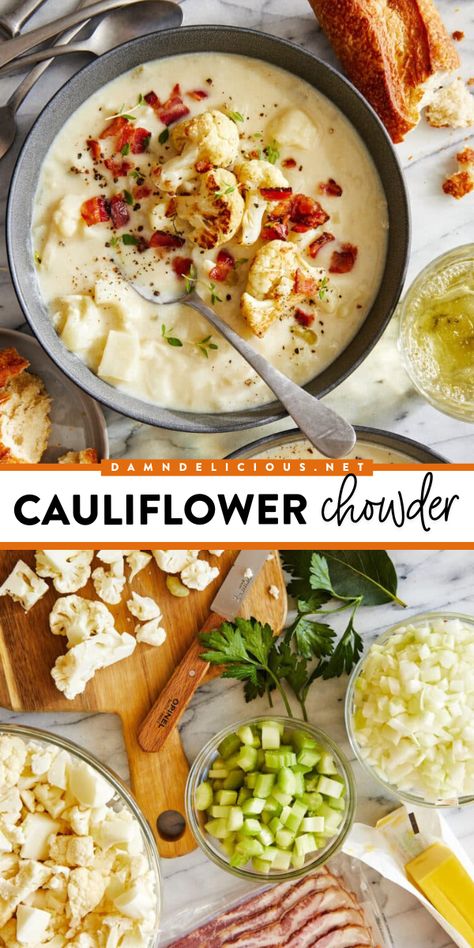 Whip up this cauliflower chowder recipe! Creamy and hearty with good-for-you veggies and some crisp bacon bits, this homemade soup is such yummy comfort food. This fall dinner idea is also low-carb! Easy Dinner Ideas For Family, Vegetable Chowder, Cauliflower Chowder, Dinner Ideas For Family, Fall Fun Food, Cauliflower Soup Recipes, Best Comfort Food Recipes, Cozy Soup, Comforting Dinner