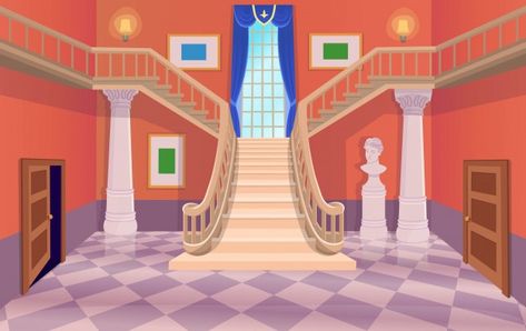 Premium Vector | Vector old hall room with stairs, doors and a window. cartoon illustration. Cartoon House Inside, Room With Stairs, Window Cartoon, Building Cartoon, Bedroom Cartoon, Arab Scarf, Stairs And Doors, Vector House, Digital Wedding Invitations Templates