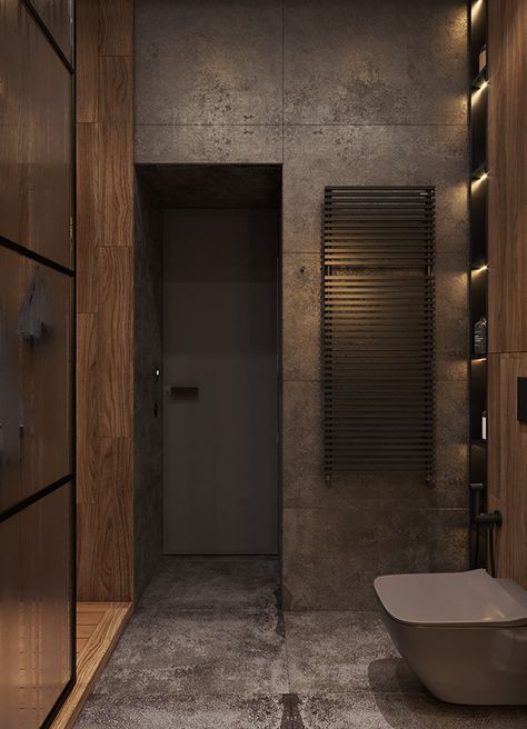 Tsytadelna Bathroom | CGI on Behance Dark Muji Interior, Dark Concrete Bathroom, Dark Brown Bathroom Tiles, Dark Japandi Bathroom, Dark Tiled Bathroom, Small Brown Bathroom Ideas, Dark Small Bathroom, Dark Small Bathroom Ideas, Dark Brown Bathroom Ideas