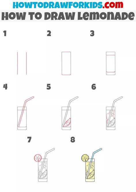 How to Draw Lemonade - Easy Drawing Tutorial For Kids How To Draw A Juice Box Step By Step, How To Draw A Drink Step By Step, Drinks Drawing Easy, How To Draw Drinks, Lemonade Drawing Easy, Drink Sketch, Lemonade Drawing, Lemon Drawing, Art Journal Challenge