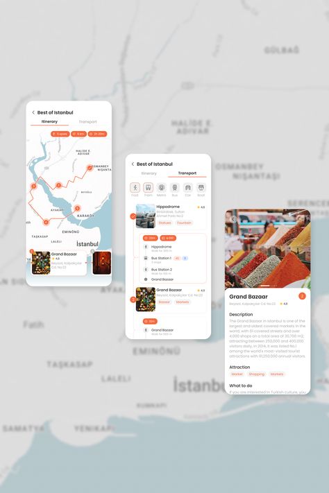 Modern and simple design for travel app that allows to create or select itinerary, view transport and spots and read more about each destination. Travel Itinerary Design, Travel App Design, Trip Planner App, Diary App, App Map, Travel Agency Website, Itinerary Design, Journal App, Card Ui