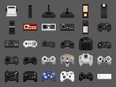 An Abridged History of Game Controllers by Marshall Bock Video Game Pixel Art, Video Game Controllers, Zestaw Ikon, 8 Bit Art, Piskel Art, Controller Design, Arte 8 Bits, 8bit Art, Pixel Art Characters