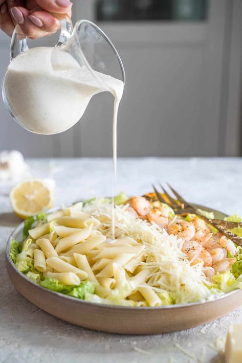 Shrimp Alfredo Recipe, Paleo Pasta, Homemade Caesar Salad Dressing, Caesar Pasta Salad, Caesar Pasta, Recipes With Naan Bread, Pasta Salad Ingredients, Creamy Asparagus, Classic Caesar Salad