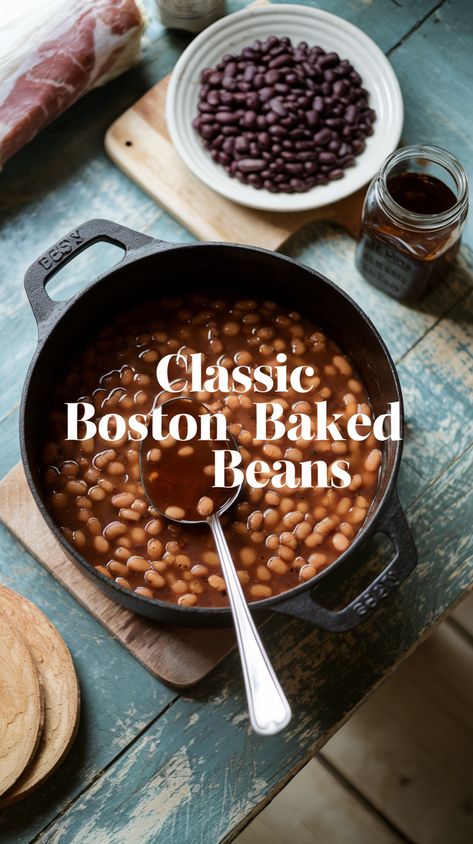 Above shot of a rustic pot of Boston Baked Beans with raw ingredients on a weathered wooden table, text overlay in elegant font. Recipes Using Navy Beans, Homemade Baked Beans From Scratch, Bean Recipes Healthy, Boston Baked Beans Recipe, New England Recipes, Navy Bean Recipes, Cheese Crescent Roll Recipes, Blueberry Waffles Recipe, Beans Recipe Healthy