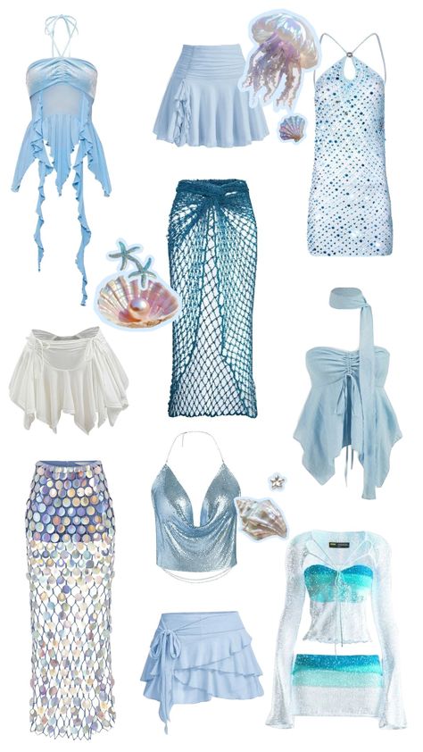 #outfit #mermaid #summeraesthetic #aesthetic #inspo Ocean Rave Outfits, Mermaid Theme Bachelorette Party Outfits, Cute Mermaid Outfits, Under The Sea Festival Outfit, Mermaid Winter Outfit, Ocean Siren Aesthetic, Siren Core Clothes, Ocean Witch Outfit, Beach Theme Outfit Parties