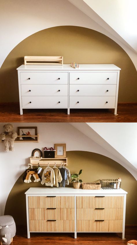 Chest Of Drawers Makeover Diy Boho, Koppang Hack Ikea, Ikea Dresser Hack Koppang, Koppang Nursery, Ikea Koppang Dresser Nursery, Diy Hemnes Dresser, Koppang Dresser Nursery, Ikea Koppang Dresser Hack, Koppang Hack