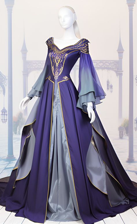 Purple Royal Dress, Fantasy Queen Outfit, Medevil Outfits Women Royal, Queen Outfits Royal Medieval, Royal Dresses Queens Fantasy, Fantasy Queen Dress, Queen Outfits Royal, Fitted Purple Medieval Dress, Royal Blue Medieval Dress