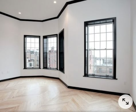 White Wall Black Trim, Black Trim Interior, Bathroom Remodel Small Budget, Black Window Trims, Basement Remodel Diy, Interior Windows, Basement Bedrooms, Grey Trim, Dark Interiors