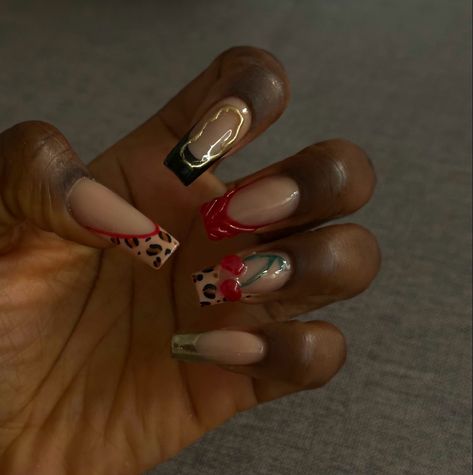 Autumn/Fall Nail inspo cherry red cheetah acrylics Nail Inspo Cherry, Cherry Fall Nails, Red Cheetah Print Nails, Cherry Cheetah Nails, Cherry Leapord Nails, Cheetah Print Nails With Cherry, Cheetah Cherry 8 Ball Nails, Red Nails And Cheetah Print, Red Cheetah Nails