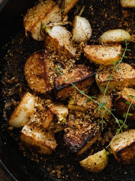 Easy pan-fried turnips made with hakurei turnips that have a delightful, delicate taste. These turnips are perfect for a side or as a start to a salad. Recipes With Breadcrumbs, Hakurei Turnips, Turnip Salad, Turnip Soup, Turnip Fries, Roasted Turnips, Turnip Recipes, Easy Hummus Recipe, Csa Recipes