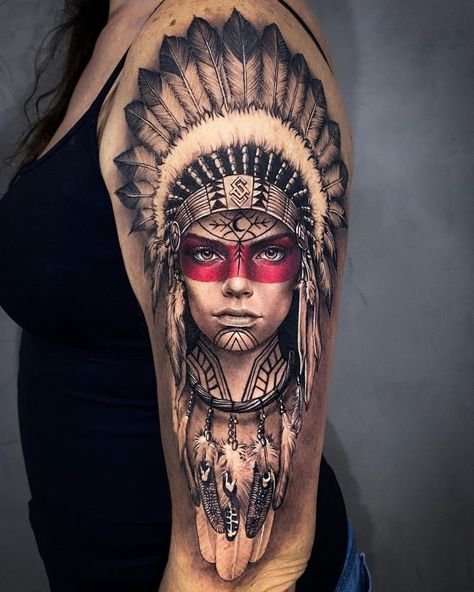 Indian Women Tattoo, Native Indian Tattoos, Indian Girl Tattoos, Native American Tattoo Designs, Indian Tattoo Design, Headdress Tattoo, Tato Suku, Tato Tradisional, Tato Paha