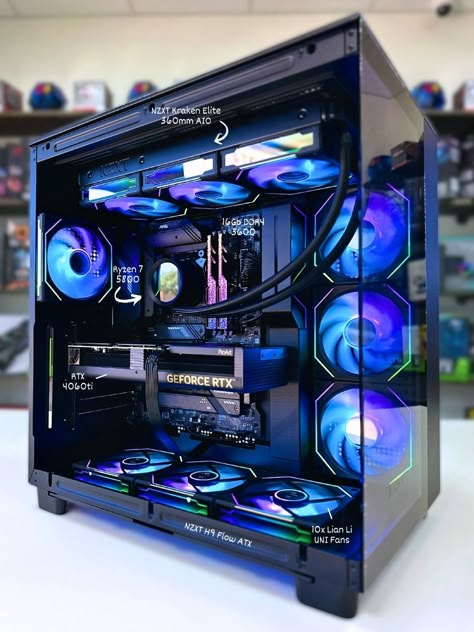 Experience Your Favorite Gaming Titles the Way They Were Meant to be - Build Your Custom Gaming PC with RGB Custom PC.  This custom gaming PC build is powered by the powerful 8-Core AMD Ryzen 5800 and the new RTX 4060ti, delivering unrivaled performance for all gaming needs. With 16GB of RAM, this gaming PC is capable of high-end 1080p performance and entry-level content creation. Explore several options of cutting-edge cooling technologies to keep your gaming PC cool, letting you push the limits of your gaming PC. This custom-built gaming PC is your ticket to immersive gaming. With easy customizations and accessible financing options available, we make elite gaming accessible.   Build the gaming PC you have been waiting for with RGB Custom Gaming PC. Pc Builds Aesthetic, Pc Builds Gaming, Black Pc Build, Pc Build Aesthetic, Building Pc, Best Pc Setup, Pc Build Ideas, Custom Pc Build, Gaming Cpu