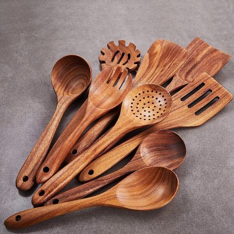 Wooden Kitchen Utensils Set,GUDAMAYE 9 PCE Wooden Spoons for Cooking,Wooden Cooking Utensils,Natural Teak Wooden Spoons For Non-stick Pan Wooden Cooking Utensils Set, Wood Kitchen Utensils, Wooden Cooking Utensils, Kitchen Utensils Set, Kitchen Cook, Wood Utensils, Wooden Kitchen Utensils, Natural Teak Wood, Slotted Spoons