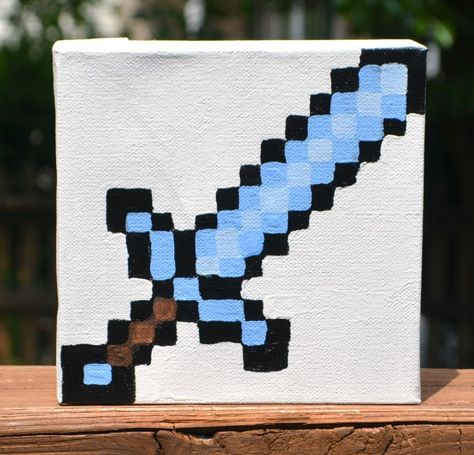 Minecraft Diamond Sword Canvas Minecraft Watercolor Painting, Minecraft Painting Ideas On Canvas, Minecraft Art Ideas, Minecraft Canvas, Recycled Crafts For Kids, Minecraft Painting, Painting Minecraft, Minecraft Diamond, Zoo Day