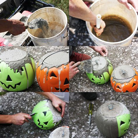 In a few easy steps, you can make the ultimate concrete jack-o-lantern for Halloween. | redleafstyle.com Diy Jack O Lantern, Halloween Plastic Pumpkins, Thick Oatmeal, Jack O Lantern Diy, Cement Pumpkins, Bootiful Halloween, Ffa Ideas, Plastic Pumpkins Bucket, Cement Work