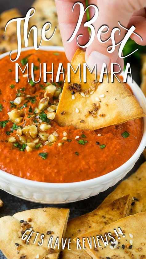 This muhammara recipe is a creamy roasted red pepper and walnut dip that’s full of flavor. Red Pepper Walnut Dip, Roasted Pepper Dip Recipes, Mouhamara Recipe, Muhamarra Dip Recipe, Lebanese Muhammara Recipe, Muhamarra Recipe, Lebanese Dips, Mediterranean Sauces, Roasted Red Pepper Recipes