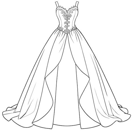 Dress Drawing Template, Princess Dress Drawing Sketches, Ball Gown Sketches, Princess Dress Drawing, Unique Dress Design, Dress Templates, Fashion Coloring Book, Fashion Illustration Tutorial, Dress Illustration