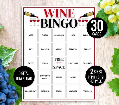 Wine Bingo, 30 Printable Wine Bingo Cards, Wine Game Night, Wine Party Games, Winery Games, Wine Themed Bingo, Girls Wine Night, Wine Bridal Wine Party Games, Girls Wine Night, Retirement Party Centerpieces, Wine Birthday Party, Custom Bingo Cards, Free Printable Bingo Cards, Bingo Card Template, Free Bingo Cards, Wine Games