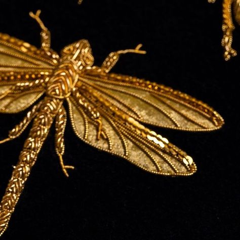 Hand & Lock on Instagram: "Stranger Things 🪰- A selection of strange but beautiful beetles and bugs have been meticulously created in gold bullion threads in a variety of textures and finishes embroidered on cloth of gold to create shimmering details on this hand embroidered sample on navy velvet. Want to know more about our bespoke goldwork embroidery? We can create something just as beautiful for you. Get in touch and we can discuss ideas. #handandlock #handandlocklondon #goldworkembroidery Metalwork Embroidery, Beautiful Beetles, Cloth Of Gold, Insect Embroidery, Bugs Embroidery, Bullion Embroidery, Goldwork Embroidery, French Embroidery, Animals Embroidery