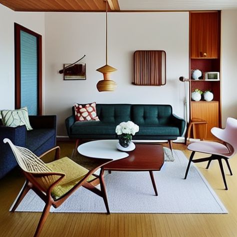 Midcentury Small Apartment, Midcentury Modern Living Room Wood Paneling, Big Couch Small Living Room, Brown Mid Century Couch, Midcentury Living Rooms, Mid Century Living Room 1950s, Cozy Mid Century Modern Living Room Article, Blue Couch Retro Living Room, 70s Living Room Blue Couch