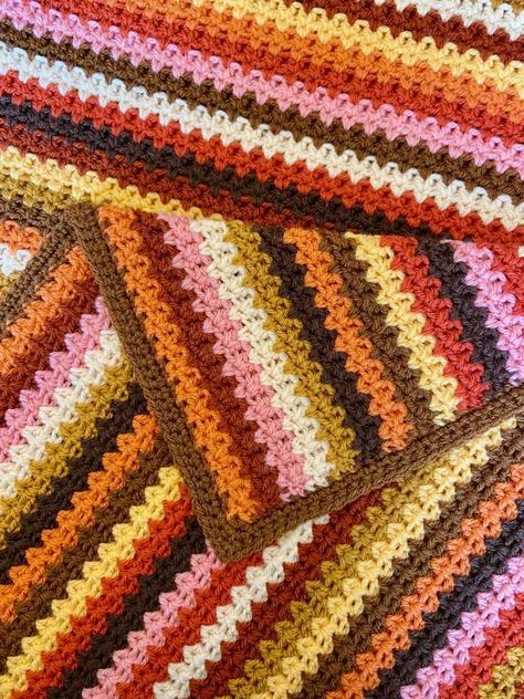 Crochet Swirl, Granny Stripe Blanket, V Stitch Crochet, Orange Blanket, Striped Crochet Blanket, Modern Crochet Blanket, Crochet Square Blanket, Crochet Blanket Designs, Patchwork Blanket