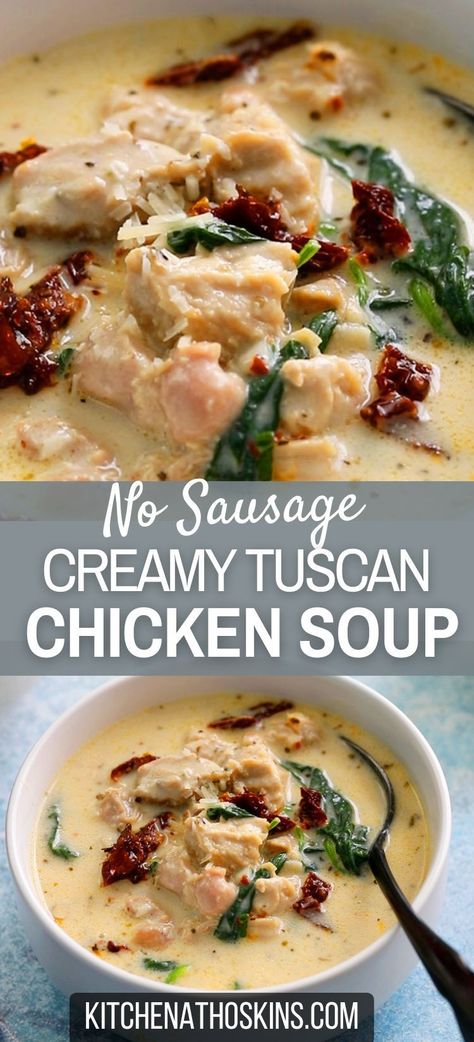 Learn how to the best Tuscan chicken soup recipe that is creamy, made with spinach and Italian seasoning. This easy chicken soup can be made using whole milk for a lighter dish and is outrageously delicious with bread. Get the creamy Italian chicken soup recipe at kitchenathoskins.com. Boneless Chicken Thigh Soup Recipe, Creamy Chicken Noodle Soup With Spinach, Chicken Lasagne Soup, Spinach Chicken Soup Recipes, Healthy Creamy Chicken Soup, Tuscan Chicken Soup Crockpot, Creamy Artichoke Soup, Chicken Thigh Recipes Soup, Creamy Parmesan Tuscan Soup