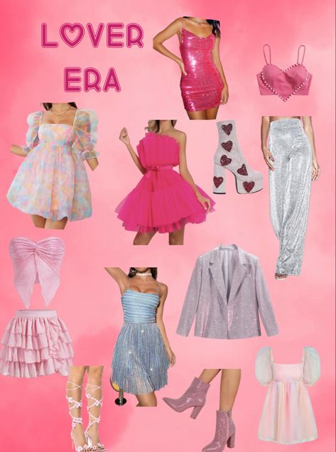 Taylor Swift Concert Outfit Sparkly Skirt, Taylor Swift Era Dress Up, Sequin Taylor Swift Outfit, Pink Dress Eras Tour Outfit, Lover Dress Eras Tour, Taylor Swift Album Outfits Lover, Eras Tour Pink Outfit, Eras Tour Outfits Lover Dress, Eras Tour Outfits Sparkly