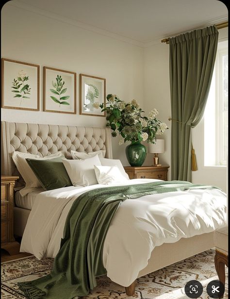 Bedroom Olive Green Bedding, Neutral Bedroom Green Accents, Olive Green Guest Bedroom, White And Olive Green Bedroom, Neutral And Green Bedroom, Beige Green Bedroom, Magnolia Bedroom Ideas, Earthy Green Bedroom, Green And Neutral Bedroom