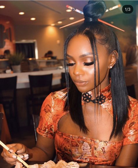 Chinese Hairstyle On Black Women, 90s Hairstyles Wigs, Half Up Half Down Hair With Chopsticks, Outfits With Chopsticks In Hair, Hair With Chopsticks Hairstyles, Ninja Bun Half Up Half Down, Wig With Chopsticks, Chinese Theme Party Outfit, Wig Hairstyles With Chopsticks