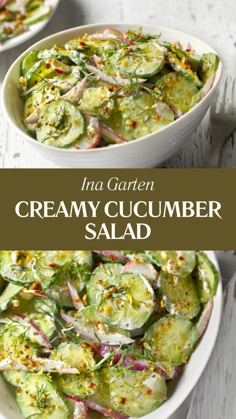 Ina Garten Creamy Cucumber Salad Wild Rice Salad Recipe, Summer Side Dishes Recipes, Easy Cucumber Salad, Cucumber Dill Salad, Easy Summer Side Dishes, Rice Salad Recipes, Cucumber Salad Recipe, Summer Side Dish, Creamy Cucumber Salad