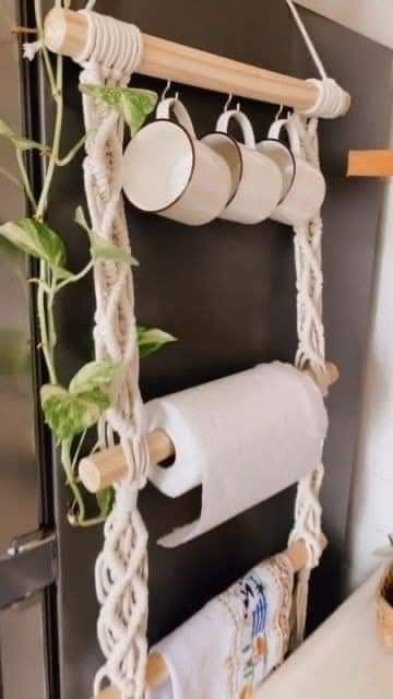 Macrame For Kitchen, Macrame Mail Holder, Macrame Toilet Paper Holder, Macrame Towel Hanger, Macrame Kitchen, Macrame Decor Ideas, Art Macramé, Macrame Home, Macrame Shelf