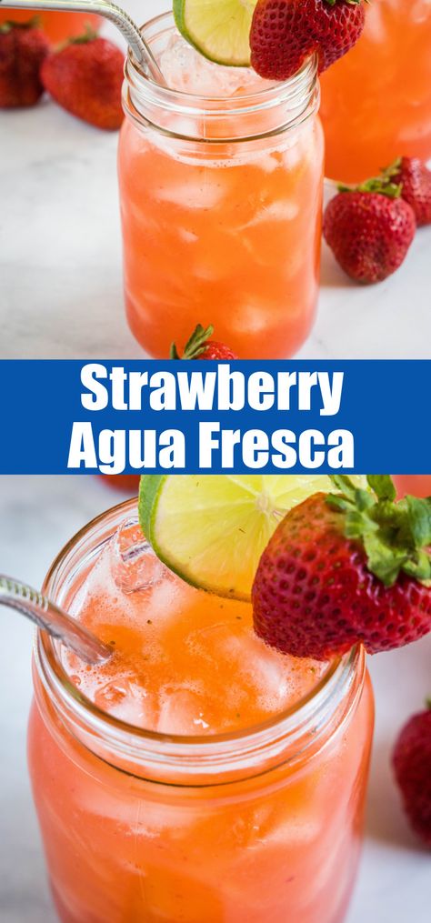 This quick and refreshing Strawberry Agua Fresca is about to make your summertime way cooler! Sweetened with real sugar and flavored with fresh lime, this classic drink will be a seasonal favorite for all ages and occasions. Strawberry Agua Fresca, Refreshing Fruit Drinks, Agua Fresca Recipe, Fun Party Drinks, Perfect Summer Drink, Delicious Drink Recipes, Summer Eating, Agua Fresca, Party Food And Drinks