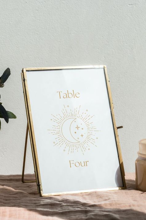 Your love is written in the stars! The little details matter when it comes to your big day, so stand out from the crowd with these simple, celestial table numbers. Celestial Table Numbers, Celestial Wedding Table Decor, Moon Stars Wedding, Minimalist Table Numbers, Number Signage, Fall Winter Wedding, Winter Wedding Table, Moon Table, Alaska Wedding