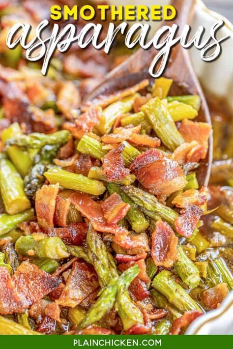 Smothered Asparagus - SO good! Only 6 ingredients!! Fresh asparagus baked in bacon, brown sugar, butter, soy sauce and garlic. This is the most requested asparagus recipe in our house.Everybody gets seconds. SO good!! Great for a potluck and the holidays. Everyone asks for the recipe! Super easy to make. #casserole #asparagus #vegetables #bacon #bakedasparagus Asparagus With Bacon, Brown Sugar Butter, Asparagus Recipes Baked, Asparagus Recipes, Baked Asparagus, Plain Chicken, Fresh Asparagus, Green Bean Recipes, Asparagus Recipe