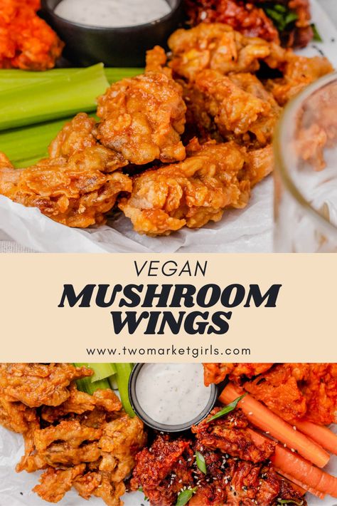 Fries Mushrooms Recipe, Oyster Mushroom Wings, Vegetarian Chicken Wings, Vegan Cremini Mushroom Recipes, Vegan Legume Recipes, Vegan Fried Mushrooms, Vegan Wings Recipe, Vegan Meals With Mushrooms, King Trumpet Mushroom Recipe Vegan