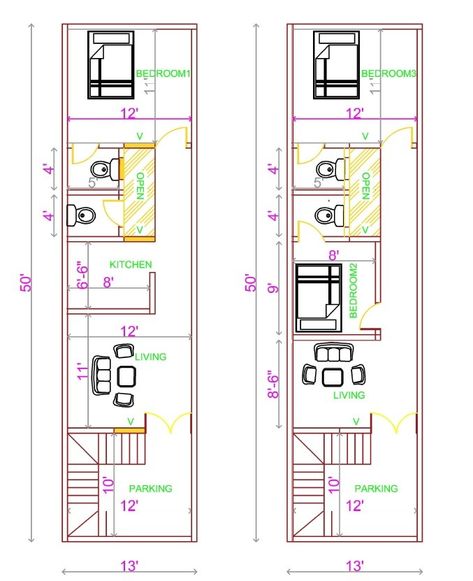 watch Interior for this plan 13×60 House Plan, 13×40 House Plan, 12x40 Floor Plan Layout, Smart House Plans, Mini House Plans, Starter Homes, 20x40 House Plans, 30x40 House Plans, Narrow House Designs