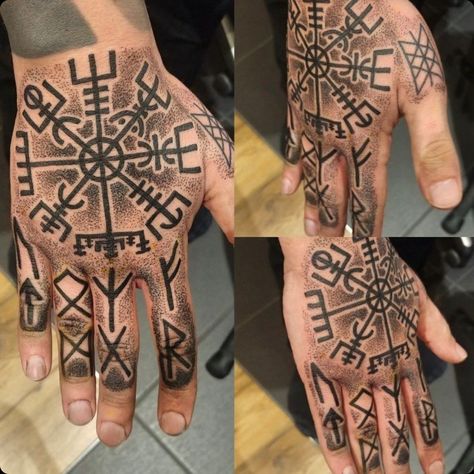 Vegvisir Hand Tattoo, Viking Hand Tattoos For Guys, Nordic Hand Tattoo, Norse Hand Tattoo, Viking Hand Tattoo, Web Of Wyrd Tattoo, Icelandic Runes, Vegvisir Tattoo, Traditional Viking Tattoos