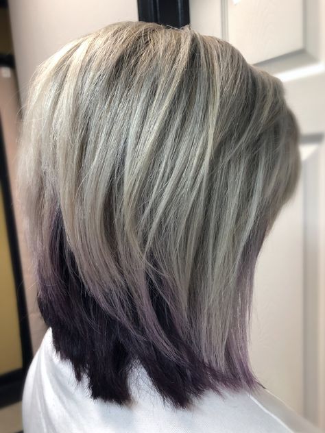 Silver blonde with violet under-veil Insta: @hair.by.emilykay Gray Hair With Colored Tips, Dark Underneath Hair, Brown Hair Underneath, Edgy Blonde Hair, Fall Haircolor, Hair Dues, Gray Blending, Peekaboo Hair Colors, Grey Hair Don't Care